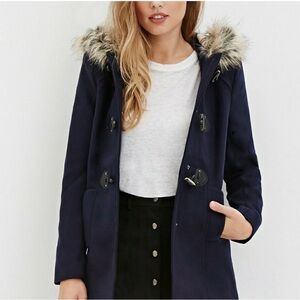 Forever21  Navy Toggle Coat with Faux Fur Hood